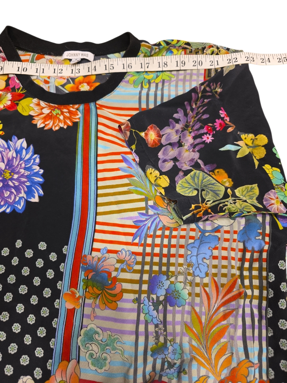 Johnny Was Black Floral Scoop Neck Blouse with Orange Accents - Picture 3 of 7